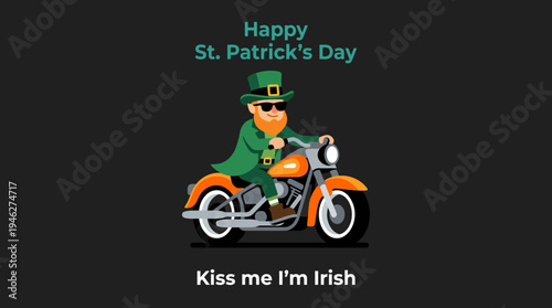 St. Patrick's Day cartoon biker on a motorcycle wearing green with Kiss Me I'm Irish caption
