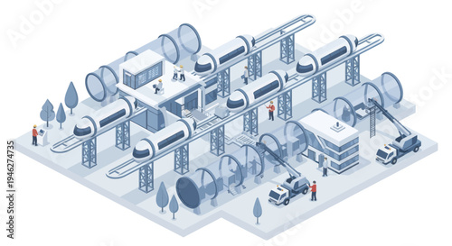 Futuristic Hyperloop Transportation System with Pods and Infrastructure.