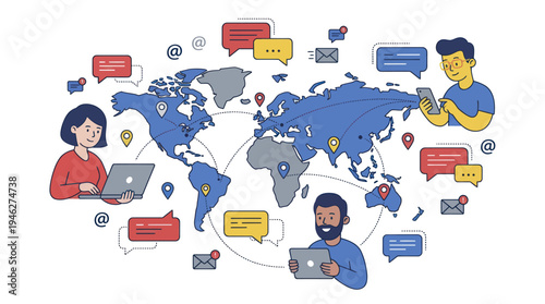 Global Communication Network with People and Speech Bubbles.
