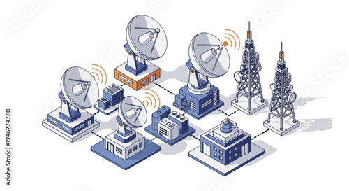 Global Communication Network with Satellite Dishes and Towers.