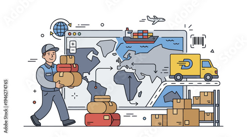 Global Logistics and Delivery Service with Courier and World Map.