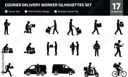 Collection of courier delivery worker silhouettes showing parcel transport handing packages van scooter bicycle shipping service logistics activity isolated set