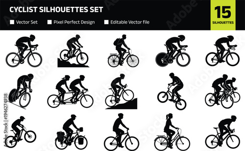 Collection of cyclist silhouettes riding bicycle performing road cycling racing mountain biking commuting and tandem riding sport activity isolated set