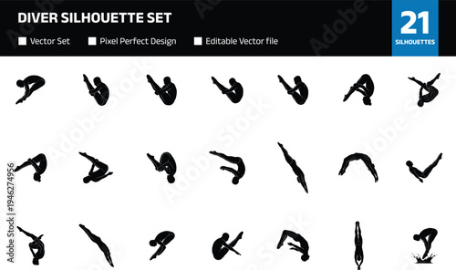 Diver silhouette set with diverse competition actions featuring athletic men and women performing tuck pike and straight dives for swimming and olympic sport design