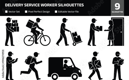 Delivery service worker silhouettes collection showing courier carrying packages bicycle delivery van transport parcel shipping logistics activity isolated set