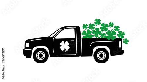 Black pickup truck loaded with shamrocks in the bed for a festive St. Patrick's Day celebration, an Irish-themed vehicle illustration.
