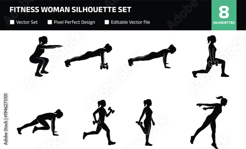 Fitness woman silhouette set with diverse workout actions featuring female athlete performing squats lunges planks and mountain climbers for gym and health design