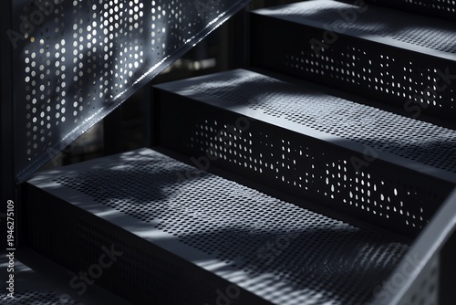 Perforated metal staircase treads with abstract light and shadow
