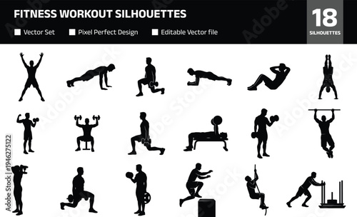 Collection of fitness workout silhouettes showing gym training exercises weightlifting pushups squats running and strength training poses athlete activity set