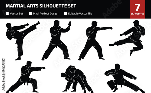 Martial arts silhouette set with diverse karate and judo actions featuring athletic men performing high kicks punches grappling and defensive stances for sports design