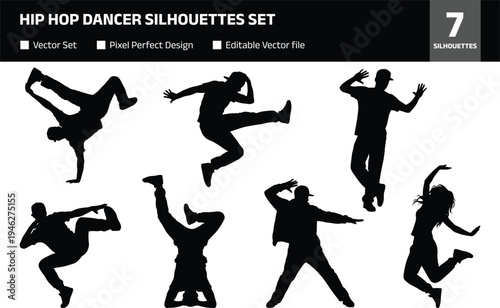 Collection of hip hop dancer silhouettes performing breakdance street dance jumping freestyle moves urban dance culture action poses isolated set