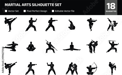 Martial arts silhouette set with diverse combat athletes featuring karate kicks judo throws kendo sword fighting archery and meditation poses for fitness and dojo design