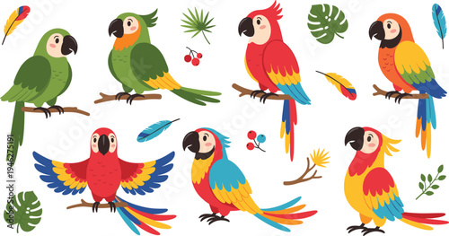 Colorful Tropical Parrot Character Set with Macaw Birds Sitting and Flying Among Leaves and Feathers in Exotic Jungle Wildlife Cartoon Style.