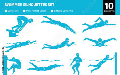 Collection of swimmer silhouettes performing swimming strokes diving start flip turn freestyle butterfly and backstroke water sport action poses isolated set