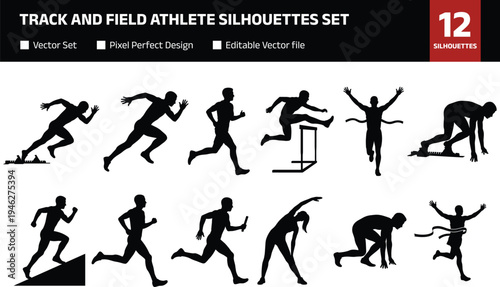 Collection of track and field athlete silhouettes sprinting running hurdle jump stretching and victory celebration sport action poses isolated set