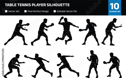 Table tennis player silhouette set with diverse ping pong actions featuring athletic men during serve return smash and victory celebration for sports design
