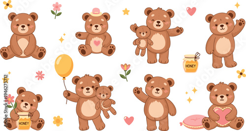 Cute Teddy Bear Character Set with Honey Jar, Balloon, Hearts and Flowers in Adorable Cartoon Style for Kids Nursery Prints Stickers and Baby Designs.