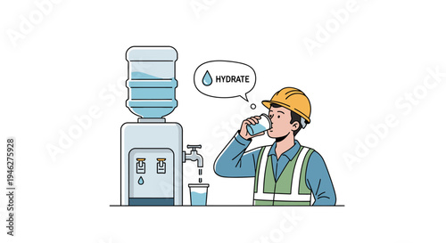 Construction worker drinking water from cooler for workplace hydration and safety first