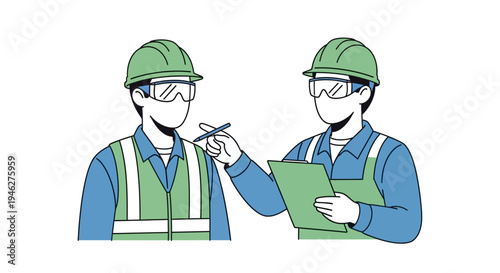 Industrial workers with clipboard and hard hats conducting site safety inspection