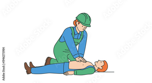First aid CPR training with worker performing chest compressions on victim