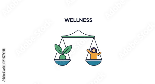 Balance scale with plant and person representing wellness concept.