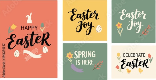 Easter Greeting Card Set with Spring Flowers, Bunny and Eggs in Pastel Colors