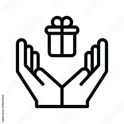 Hands holding a gift box present. Single line icon.