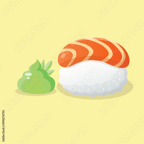Vector illustration of salmon sushi with soft white rice served with green wasabi. Simple cartoon style with bright colors, suitable for Japanese cuisine, seafood, restaurants, and menu design