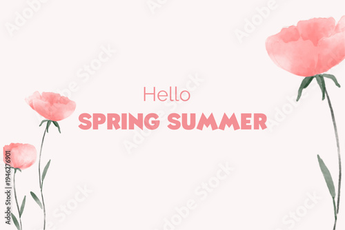 Spring floral in watercolor vector background. Luxury wallpaper design with pink flowers, line art, golden texture.
