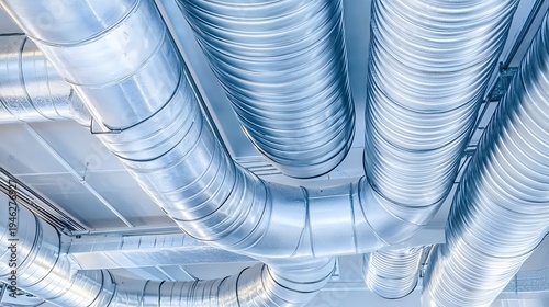 Shiny metal hvac ductwork network on a ceiling