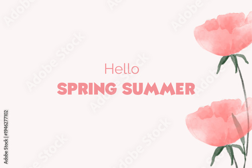 Spring floral in watercolor vector background. Luxury wallpaper design with pink flowers, line art, golden texture.
