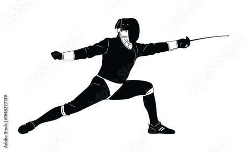 Vector of a fencer in a dynamic stance wearing protective gear and holding a sword