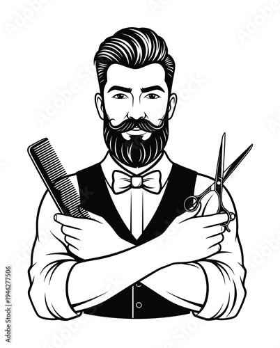 Vector of a stylish barber holding a comb and scissors with a confident expression