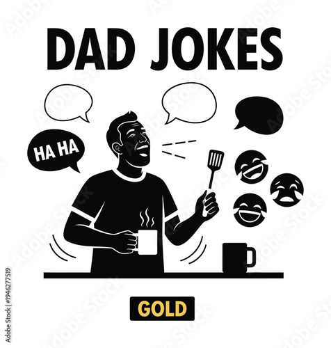 Vector of a man laughing while holding a mug and a spatula in a kitchen surrounded by speech bubbles
