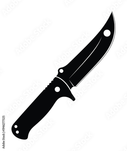 Vector of a black survival knife with a curved blade and riveted handle in silhouette style