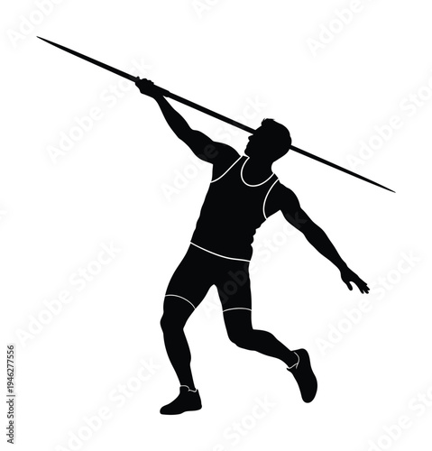Vector silhouette of a javelin thrower in mid-action with a spear raised