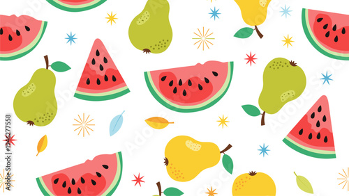 Fresh Fruit Pattern Design - Watermelon Pear Summer Food Background