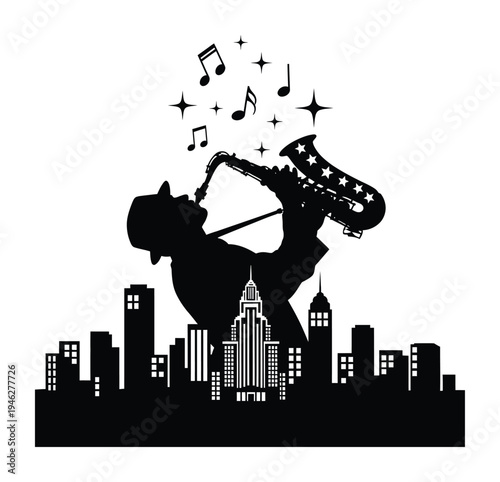 Vector of a saxophone player performing in front of a stylized city skyline with musical notes floating around