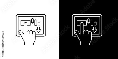 Single icon of hand pressing button on touchscreen interface with down arrow icons indicating a decrease or decline on a dark background