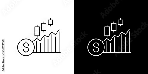 Financial growth concept with ascending bar chart, candlestick chart, and dollar coin icon representing investment progress