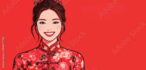 A young woman wears a floral dress and smiles against a red background during a festive celebration or cultural event.