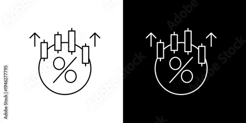 Single icon of financial growth and percentage symbol with candlestick chart and upward arrows indicating profit and success