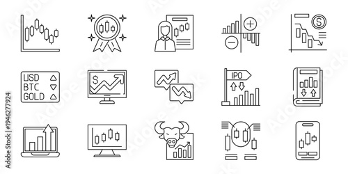 Essential finance and trading icon set showcasing market analysis, investment strategies, and cryptocurrency trends for business and economic visuals