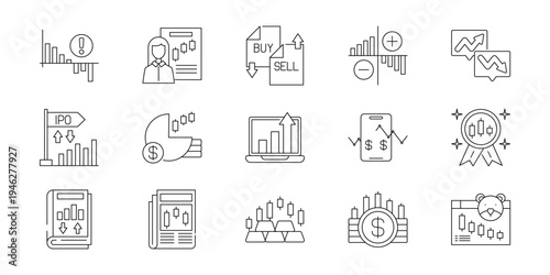 Modern vector line icons for finance, stock market, and investment concepts, perfect for business infographics and financial data visualizations