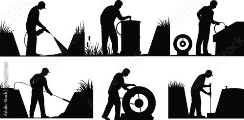 Construction workers cleaning and maintaining industrial equipment with pressure washer and tools, maintenance service technician silhouette vector illustration set