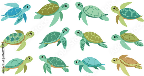 Cute Sea Turtle Character Set with Different Swimming Poses, Ocean Marine Animals and Underwater Elements Cartoon Vector Illustration Collection for Kids and Nature Designs.