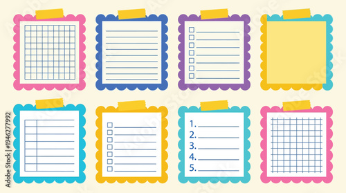 Cute scalloped edge sticky notes memo pad and checklist vector set