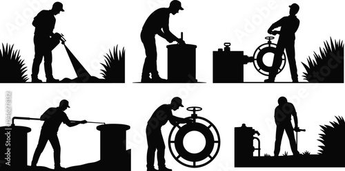 Industrial workers cleaning and operating pipeline valve systems with pressure washer and maintenance tools, equipment service technician silhouette vector illustration set