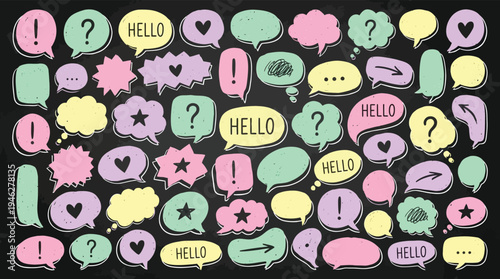 Colorful hand drawn doodle speech bubbles set with hello text and symbols