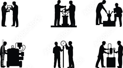 Industrial technicians operating pipeline valves and monitoring pressure gauges with machinery control systems, engineering maintenance workers silhouette vector illustration set